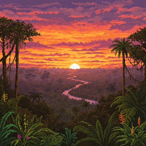 16-bit sunsets over Amazon by FLUX, GPT-4o, Ideogram, Imagen, Reve, Seedream