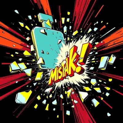 Dramatic conceptual illustration of a branding mistake. A bold, iconic logo (generic abstract design) shattering like glass while a weak, plain replacement logo appears behind it. The image should convey the danger and high cost of identity errors. Comics Golden age style, strong contrast, sharp edges, flat vector with bold color blocks. Suitable for a critical marketing blog article.