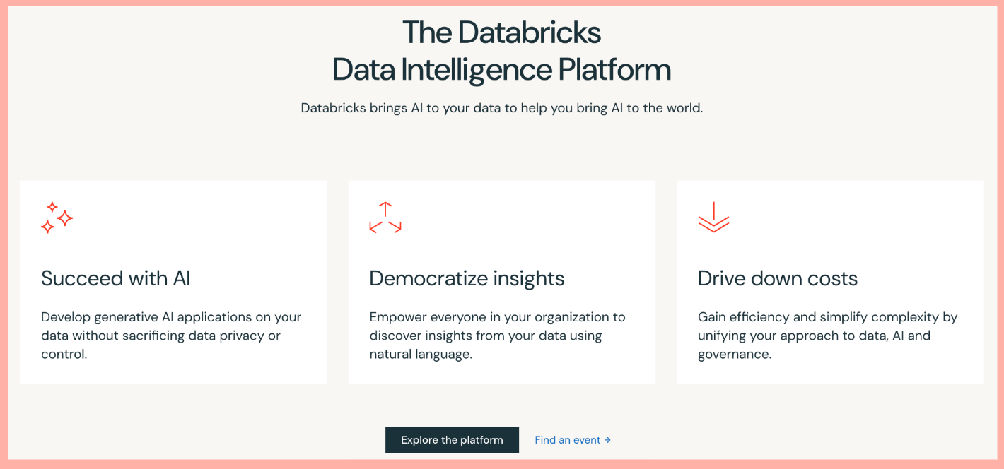 Just like any great SaaS landing page, Databricks focuses on its three key value propositions.