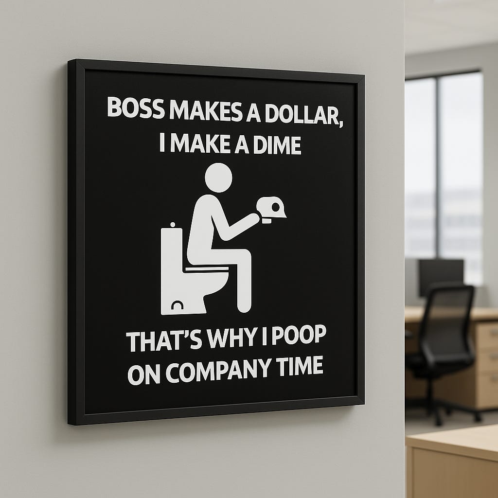 Boss makes a dollar, I make a dime, that’s why I poop on company time