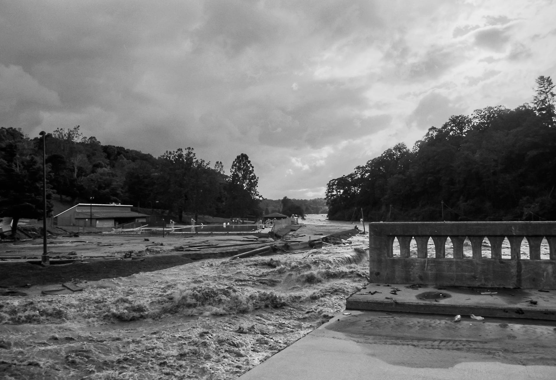 Black and white photo of flooded river Black and white photo of flooded river