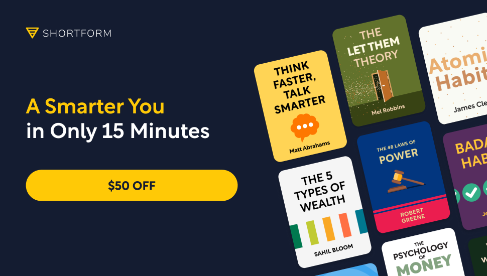 Shortform promotional graphic showing book covers including "Think Faster Talk Smarter," "The Let Them Theory," "Atomic Habits," "The 48 Laws of Power," and "The Psychology of Money," with the tagline "A Smarter You in Only 15 Minutes" and a "$50 Off" button. Alt-text assisted by Claude.