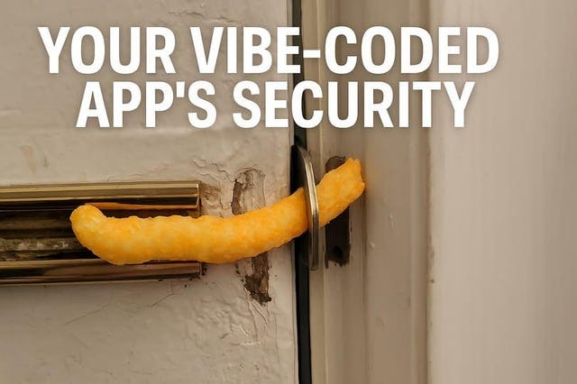 Meme showing a cheese puff used as a door lock with the text “Your vibe-coded app’s security,” highlighting the risks of weak frontend-based security in AI-built or vibecoded apps. Meme showing a cheese puff used as a door lock with the text “Your vibe-coded app’s security,” highlighting the risks of weak frontend-based security in AI-built or vibecoded apps.