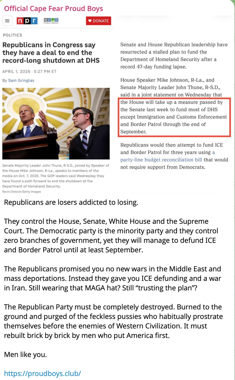 Republicans are losers addicted to losing.   They control the House, Senate, White House and the Supreme Court. The Democratic party is the minority party and they control zero branches of government, yet they will manage to defund ICE and Border Patrol until at least September.   The Republicans promised you no new wars in the Middle East and mass deportations. Instead they gave you ICE defunding and a war in Iran. Still wearing that MAGA hat? Still “trusting the plan”?  The Republican Party must be completely destroyed. Burned to the ground and purged of the feckless pussies who habitually prostrate themselves before the enemies of Western Civilization. It must rebuilt brick by brick by men who put America first.   Men like you. 