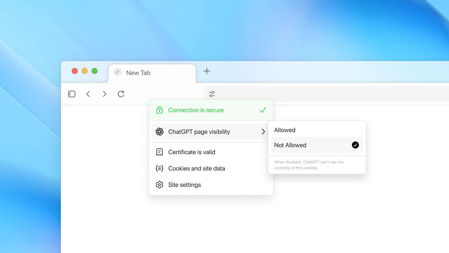 Browser window showing a security dropdown menu with connection and privacy options. The highlighted setting is ‘ChatGPT page visibility,’ with sub-options ‘Allowed’ and ‘Not Allowed’—the latter currently selected. A note below explains that when disabled, ChatGPT can’t see the contents of the website.