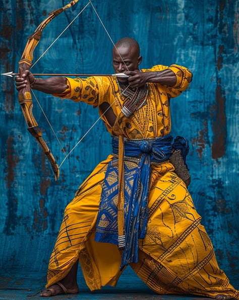 Handsome Muscular Yoruba warrior - king in Yellow - Blue regal robes bow - arrows abstract colorful backdrop in Studio, editorial photography --ar 4:5 --s 250 --v 6.0