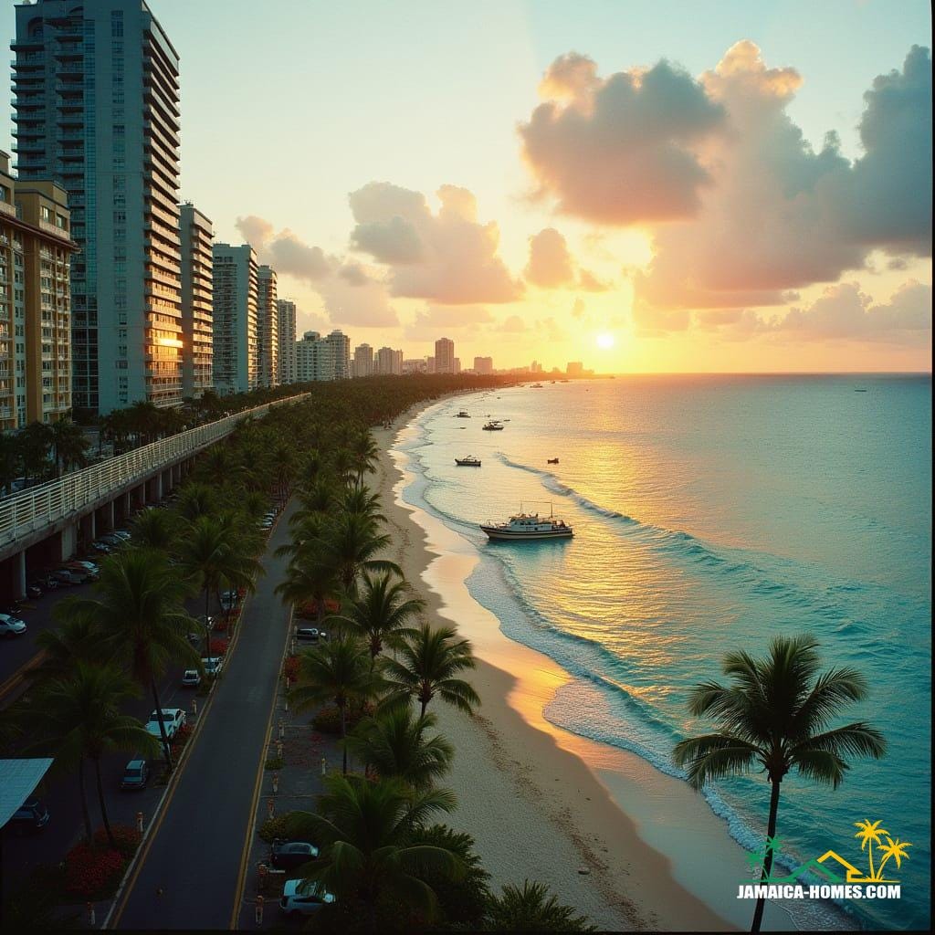 High-rise condos soaring above Montego Bay’s coast, reflective glass towers with tropical greenery spiraling upward, elevated walkways crossing between buildings, fishing boats on the water below