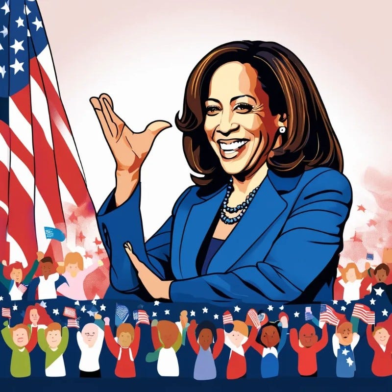 Graphic of Kamala Harris above supporters