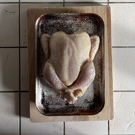 Stuffing ingredients and chicken roasted
