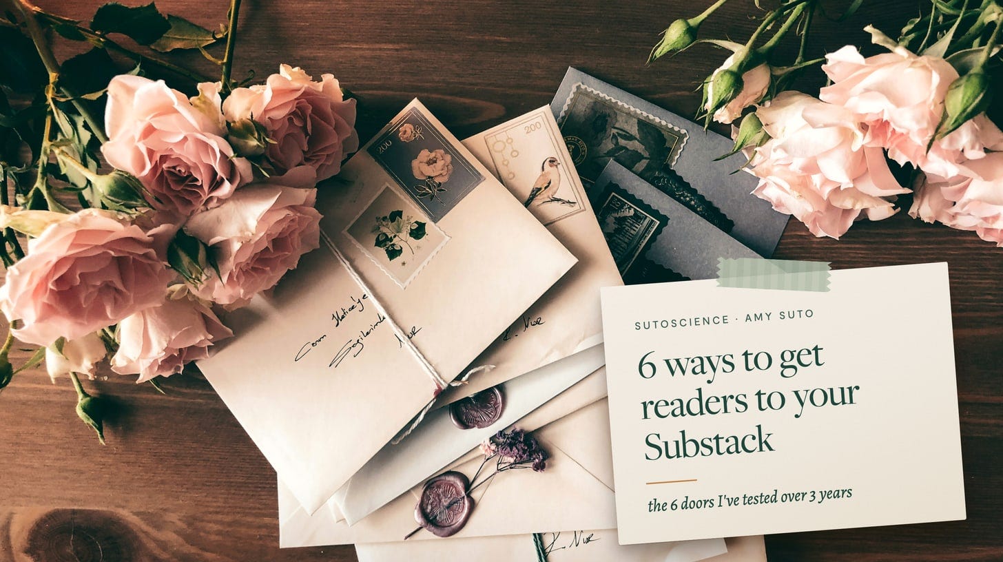 A stack of vintage letters sealed with wax, tied with string and surrounded by pink roses on a wooden table, with a cream note card that reads 6 ways to get readers to your Substack A stack of vintage letters sealed with wax, tied with string and surrounded by pink roses on a wooden table, with a cream note card that reads 6 ways to get readers to your Substack