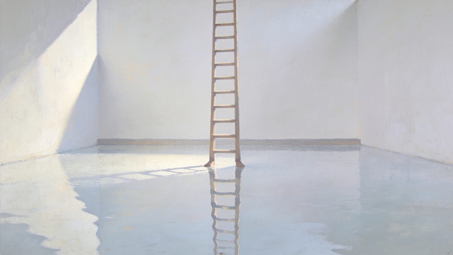 A pale empty room, its floor a still sheet of shallow water. A plain wooden ladder stands upright and alone in the middle of it, feet resting in the water, rising straight up and out of the top of the frame. There is nothing above it and no one on it. A pale empty room, its floor a still sheet of shallow water. A plain wooden ladder stands upright and alone in the middle of it, feet resting in the water, rising straight up and out of the top of the frame. There is nothing above it and no one on it.