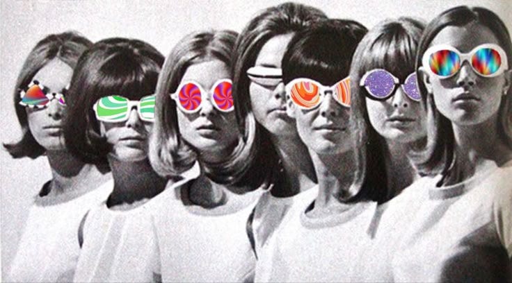This may contain: six women wearing sunglasses with the same image on them This may contain: six women wearing sunglasses with the same image on them