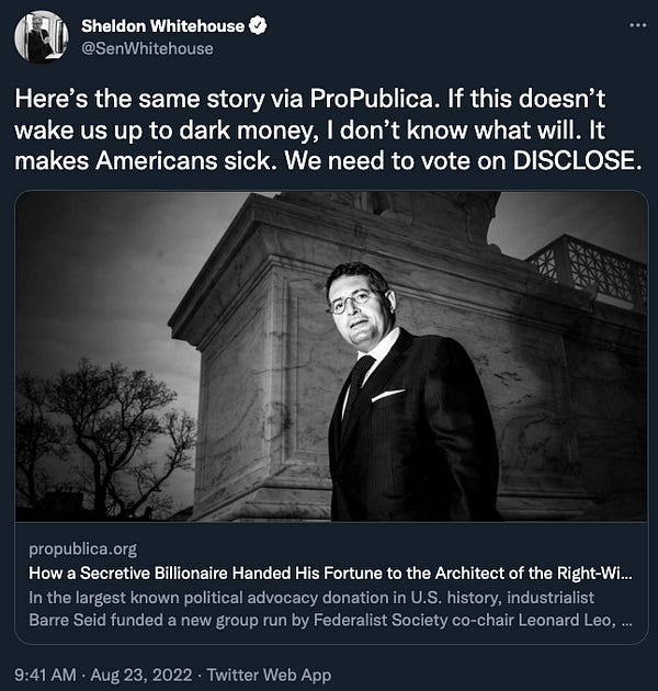 A tweet from US Senator Sheldon Whitehouse calling for a vote on the DISCLOSE Act, which would require more transparency from dark-money nonprofit organizations.