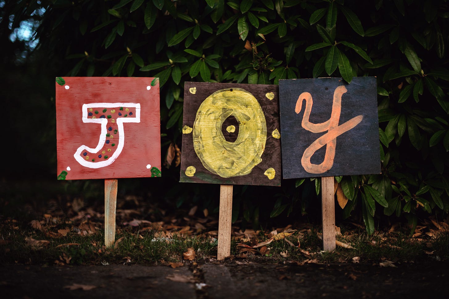 Joy in the form of three letters on placards in a row at the side of a road.. The placards letters are hand painted