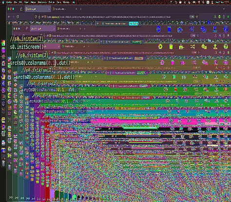 Images of glitched computer graphics and a large projection in a gallery space showing the final work 