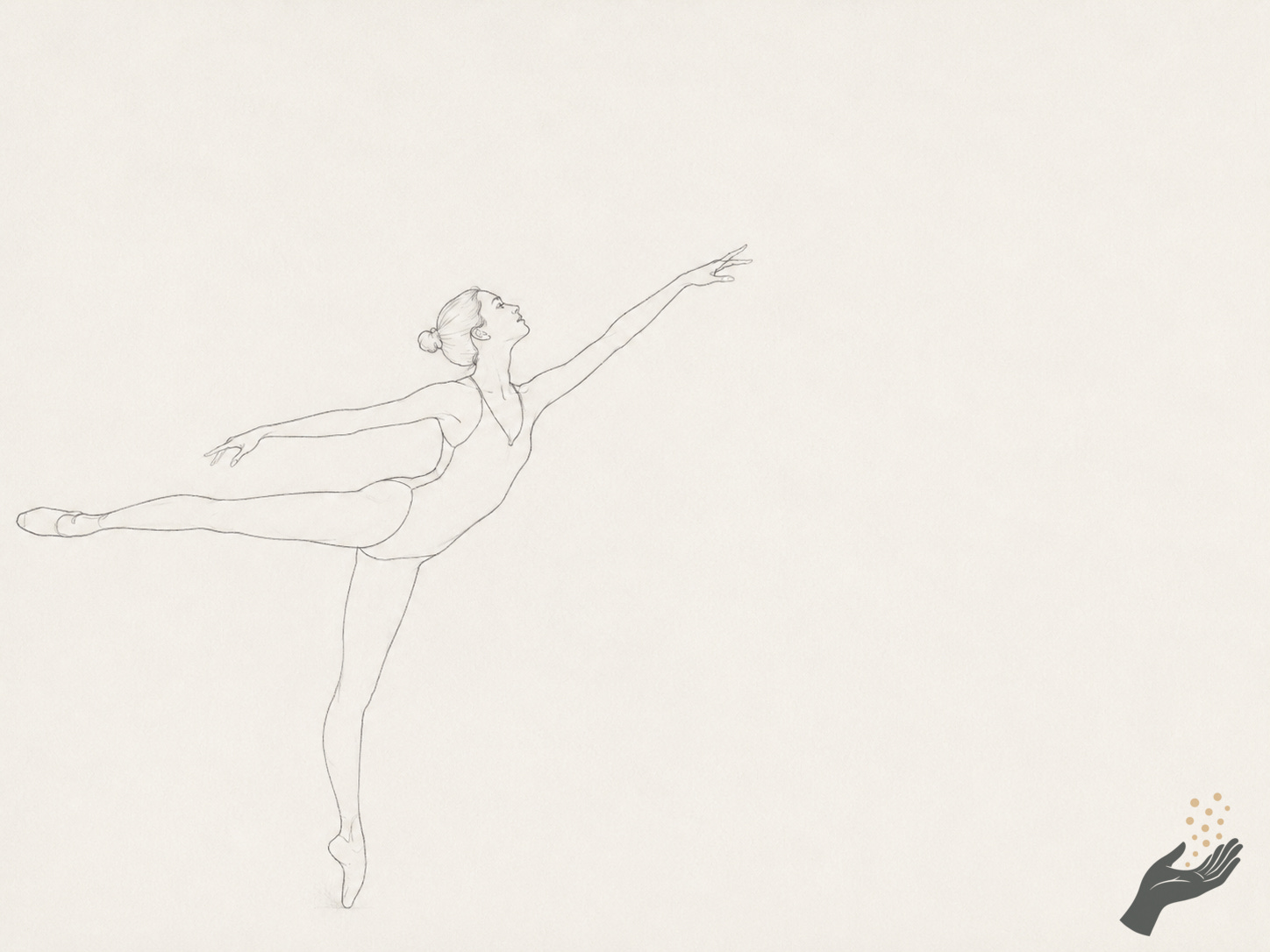 Minimal graphite sketch on warm white paper of a dancer in a long extension, one leg stretched back and one arm reaching toward the upper right, with large empty space around the figure.