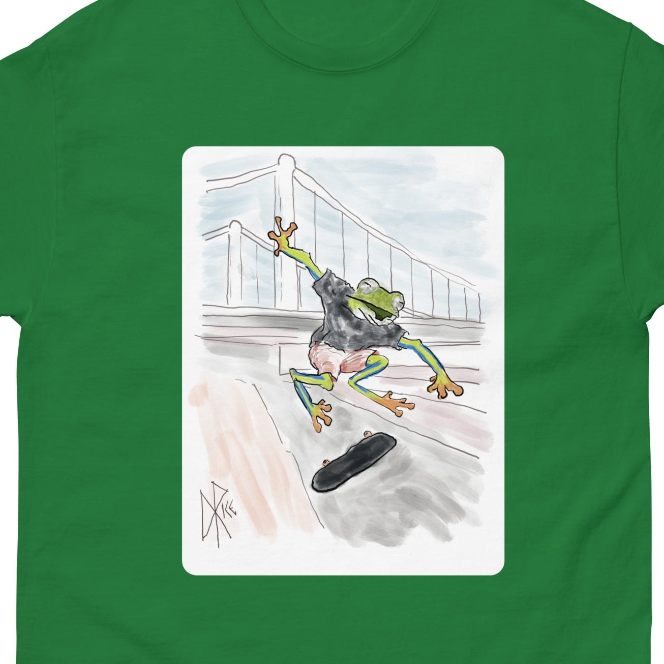 A cartoon of an anthropomorphized frog wearing a t-shirt and shorts, doing skateboard tricks in a cityscape. Sketch art by Don Rice. A cartoon of an anthropomorphized frog wearing a t-shirt and shorts, doing skateboard tricks in a cityscape. Sketch art by Don Rice.