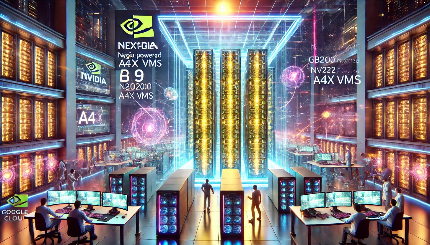 A 16:9 futuristic illustration showcasing Google Cloud's launch of next-gen A4X VMs. The scene features a high-tech Google Cloud data center with glowing NVIDIA B200-powered A4 VMs and NVIDIA GB200 NVL72-powered A4X VMs. Vibrant data streams connect AI servers, symbolizing ultra-high-performance infrastructure for large language models and advanced AI workloads. Holographic overlays highlight real-time performance metrics and Google Cloud branding. Engineers and robotic systems monitor AI training processes, while the background features a futuristic digital skyline, emphasizing the scale and innovation of Google's next-gen cloud computing.