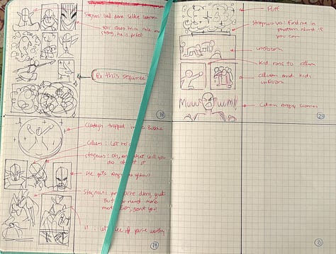 Hooligans season 2 storyboard and notes done with pen and paper
