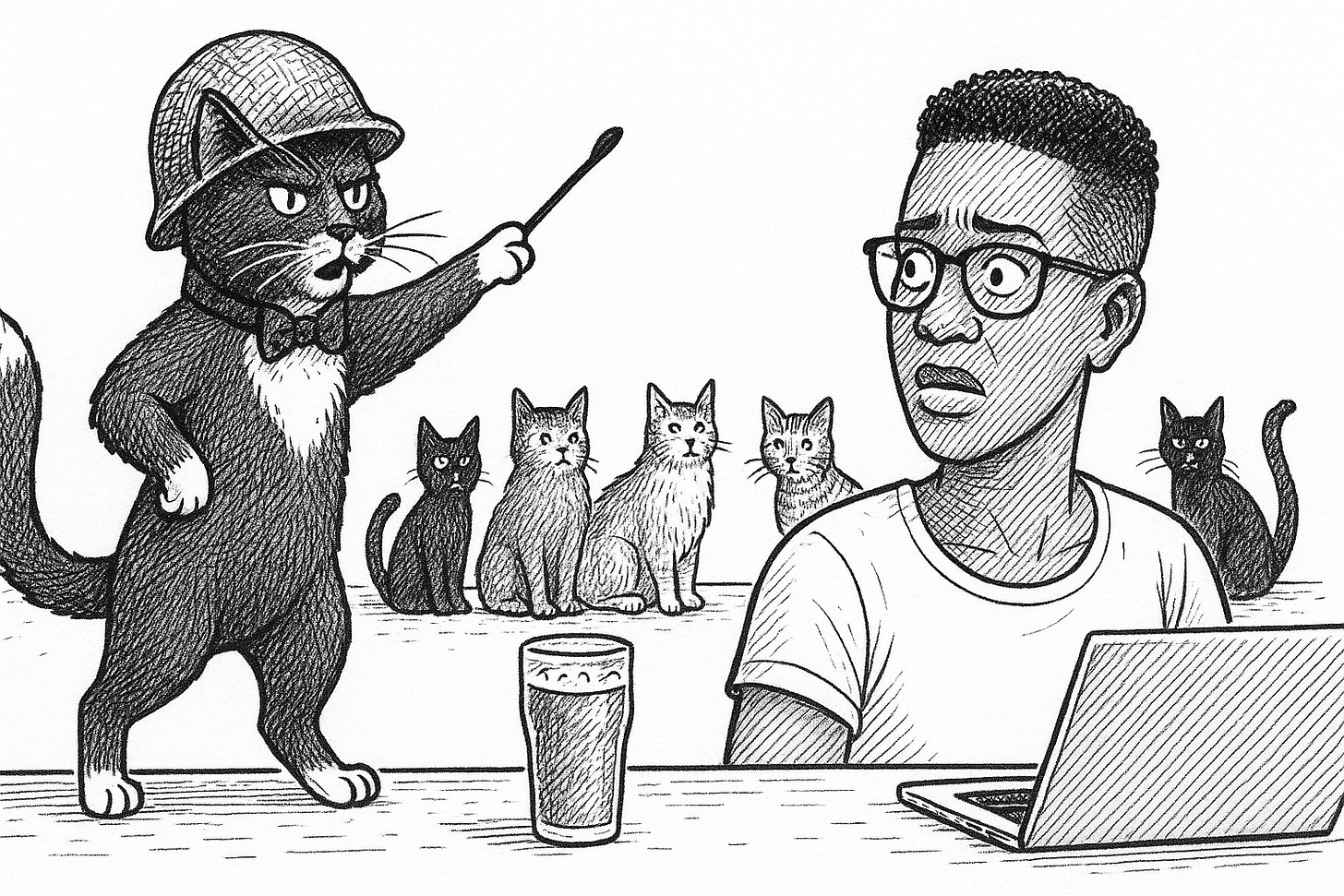 A black-and-white pen-and-ink illustration on a stark white background. Campbell the Cat, a grey tuxedo cat with a jaunty white goatee, prominent white whiskers, white chest, four white feet, and a bow tie, stands on the bar wearing an army helmet. He holds a riding crop under his arm and points it outward as if giving orders. Behind him, several cats sit in a row, looking like a disorganized feline platoon. To the right, Doc—a tall Black woman with a short afro fade, glasses, and a bewildered expression—sits at the bar beside an open laptop and a pint of beer. The scene is inked with cross-hatched lines and minimal shading.