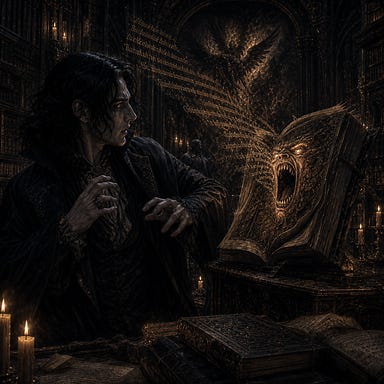 Felonious in haunted candlelit palette—ink‑black hair, violet shadows, parchment‑pale skin—being yelled at by a screaming magical book in the Library of Burning Angels, Barovian gothic atmosphere