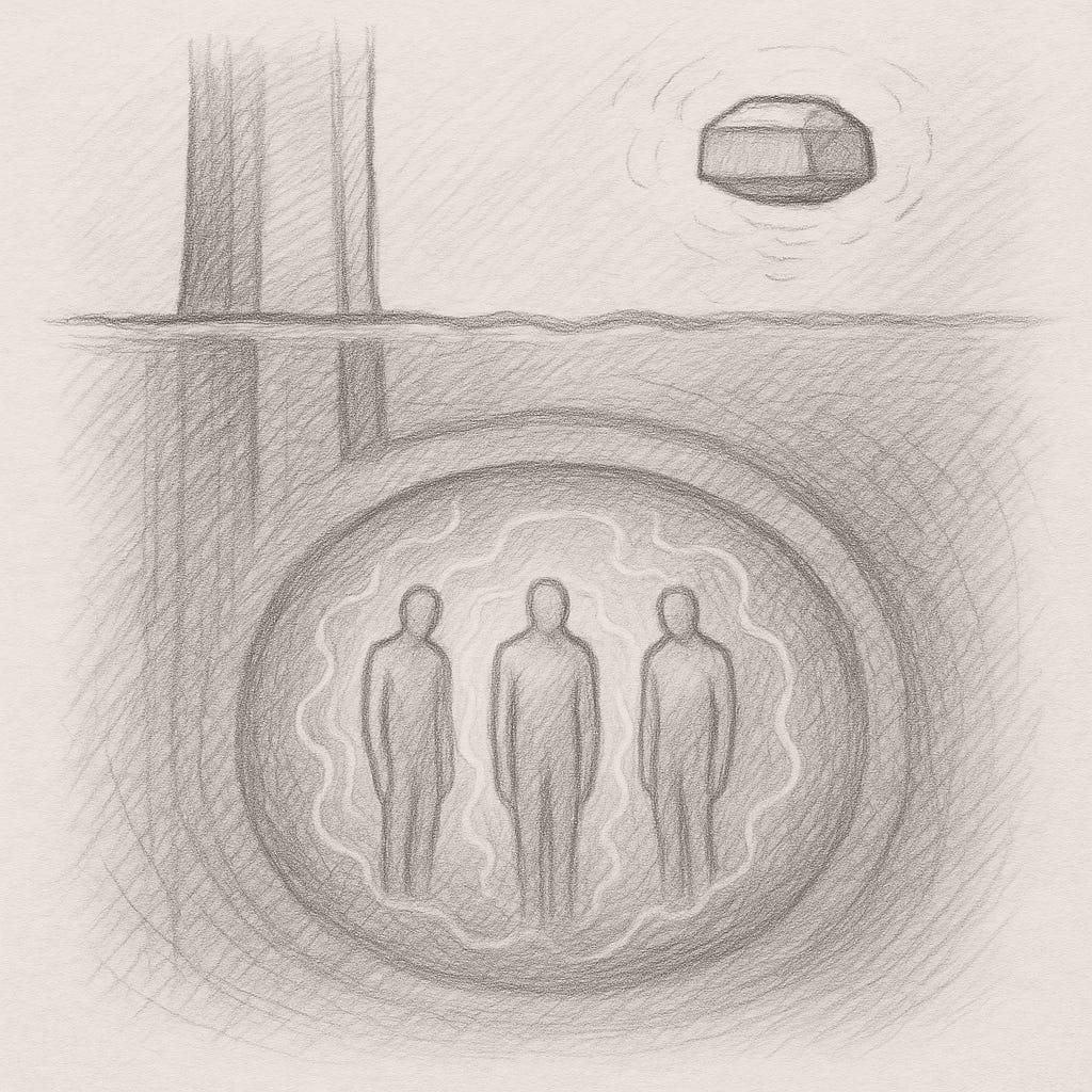 A pencil sketch showing a vertical tower above ground near a waterline. Below the water, a circular chamber contains three humanoid figures standing upright, suspended in a glowing energetic field. Above the water floats a small angular aerial object, aligned with the chamber below.