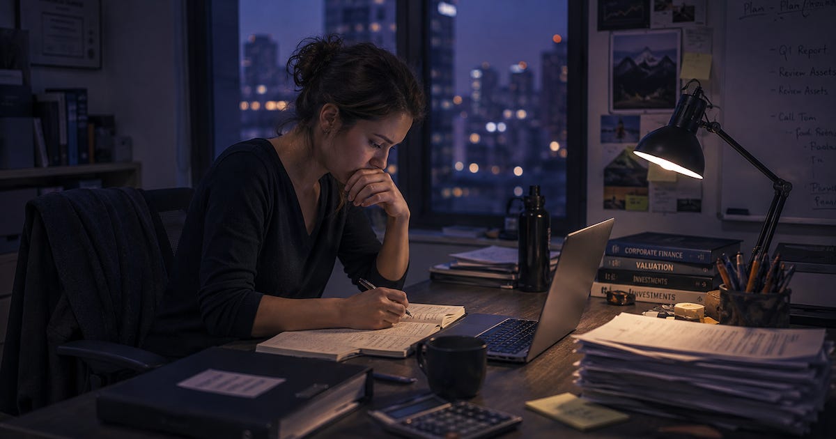 A woman working late at a desk with a laptop and notebook, city lights visible through the office window.