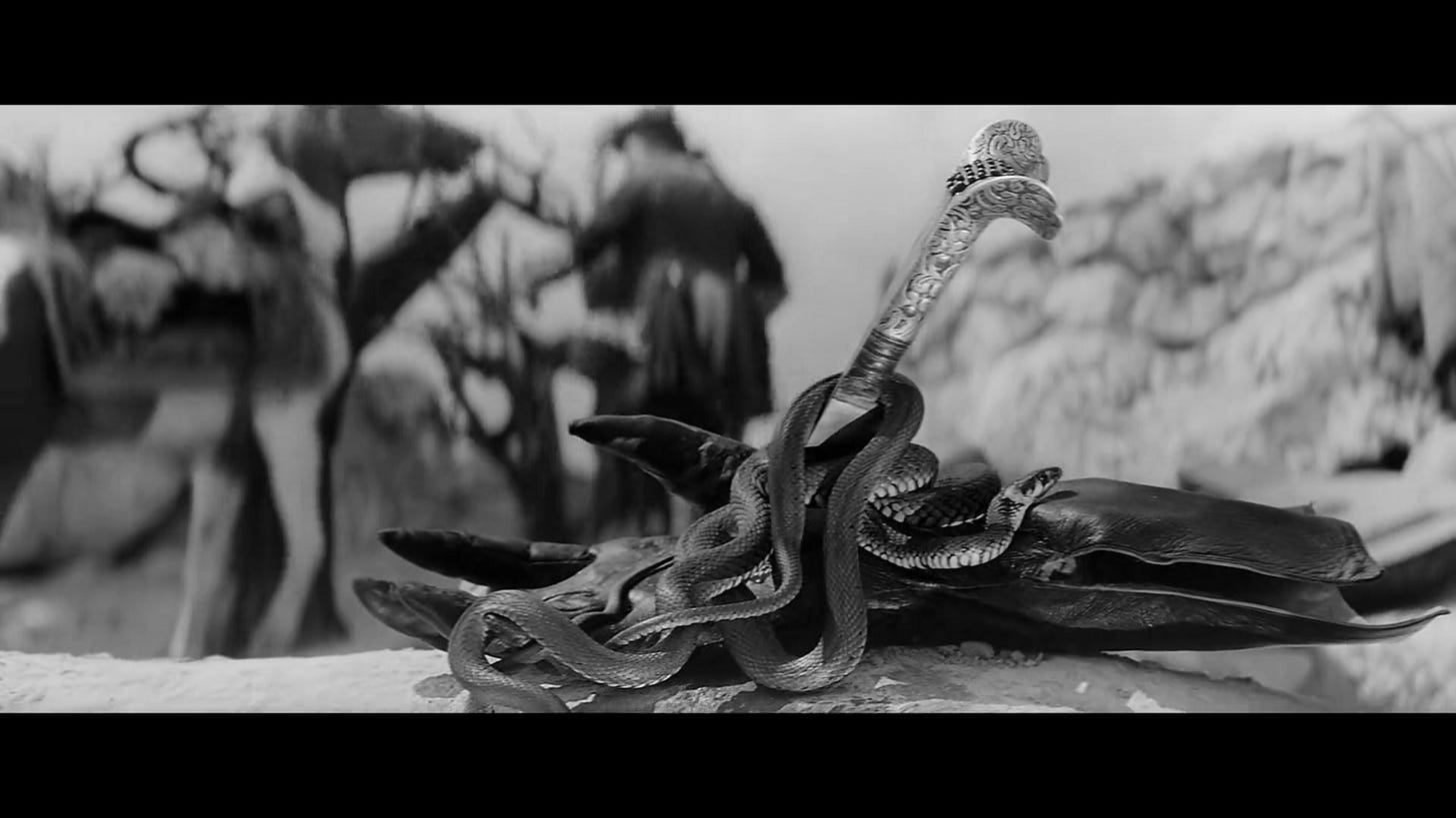 A frame from The Saragossa Manuscript displaying in shallow focus snakes coiled around an ornate dagger piercing through a leather glove. A frame from The Saragossa Manuscript displaying in shallow focus snakes coiled around an ornate dagger piercing through a leather glove.