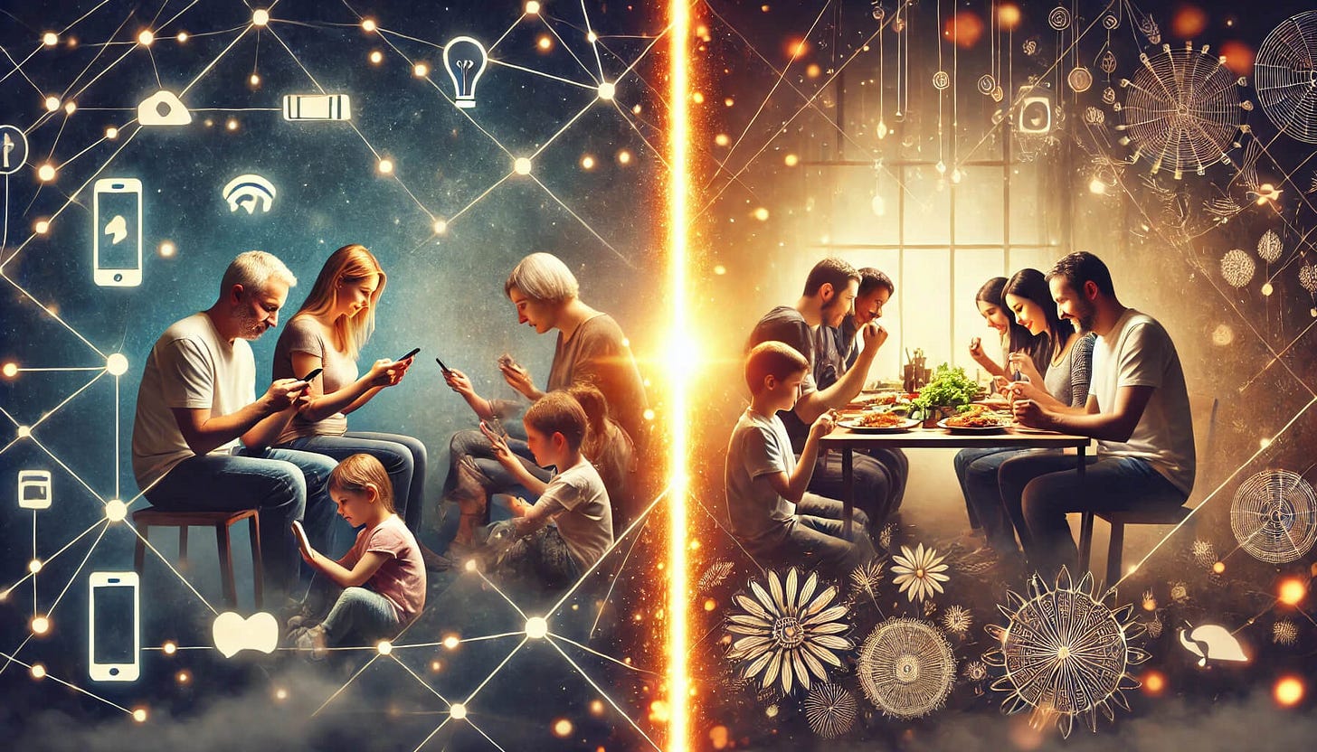 A powerful visual showing the contrast between digital contact and real human connection, illustrating Swami Vivekananda's timeless wisdom.