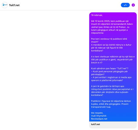 Këto pamje tregojnë përpjekjet e dokumentuara të redaksisë për të kërkuar transparencë dhe përgjegjësi nga platformat që shpërndanë pa kontekst një nga figurat më të ndjeshme të historisë së Kosovës.