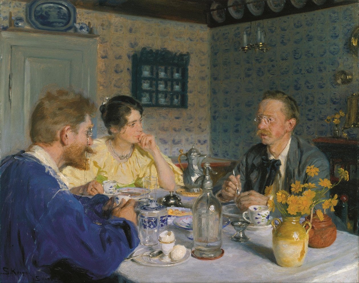 A breakfast, The artist, his wife and the writer Otto Benzon by Peder Severin Kroyer