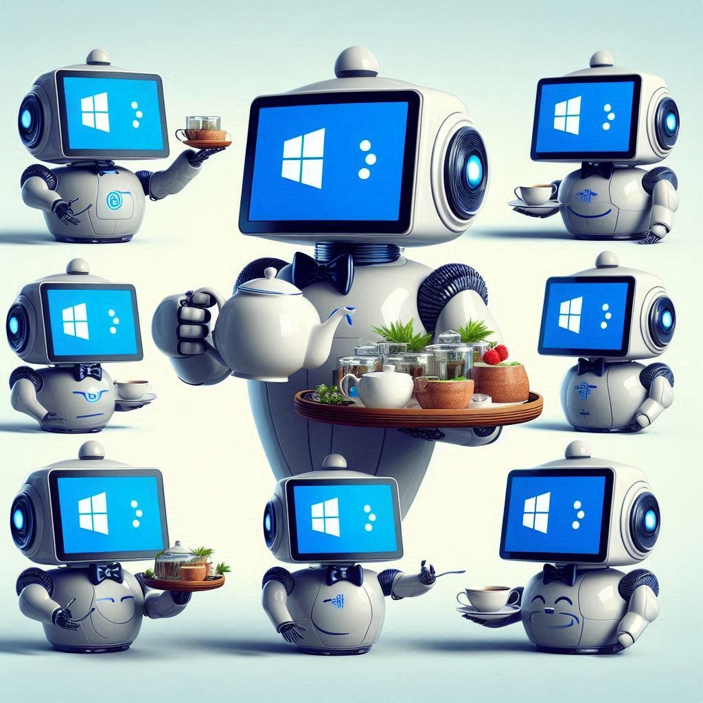 a butler robot serving tea from a tea pot to small robots with screens as faces with the powershell logo on the screen. Each image should have a different style or computer art