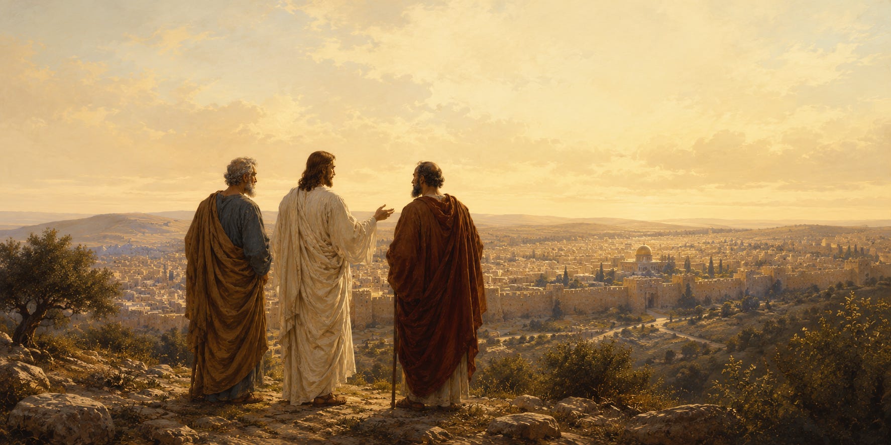 Road to Emmaus-inspired scene of the risen Christ with Saints Peter and Paul overlooking Jerusalem, commissioning them to proclaim the Gospel and carry his message to the world. Road to Emmaus-inspired scene of the risen Christ with Saints Peter and Paul overlooking Jerusalem, commissioning them to proclaim the Gospel and carry his message to the world.