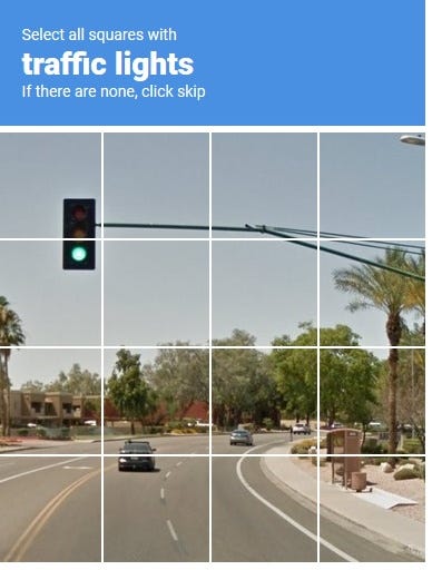 Traffic lights Captcha grid with a single set of traffic lights