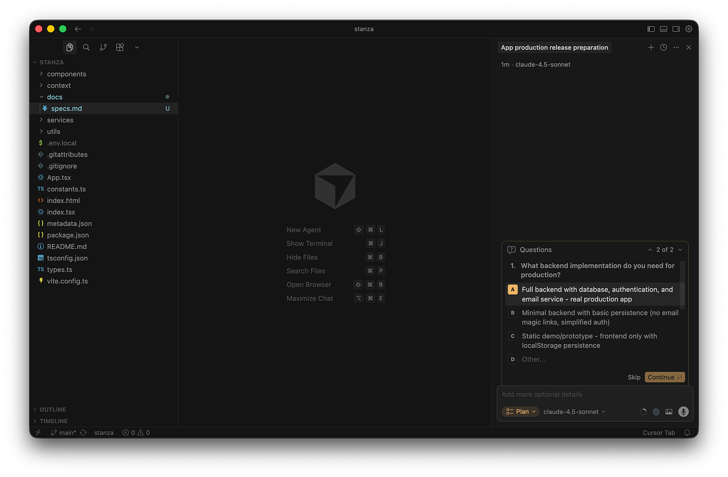 A chat interface displays a question about backend implementation with the first option selected for a full database and authentication. A chat interface displays a question about backend implementation with the first option selected for a full database and authentication.