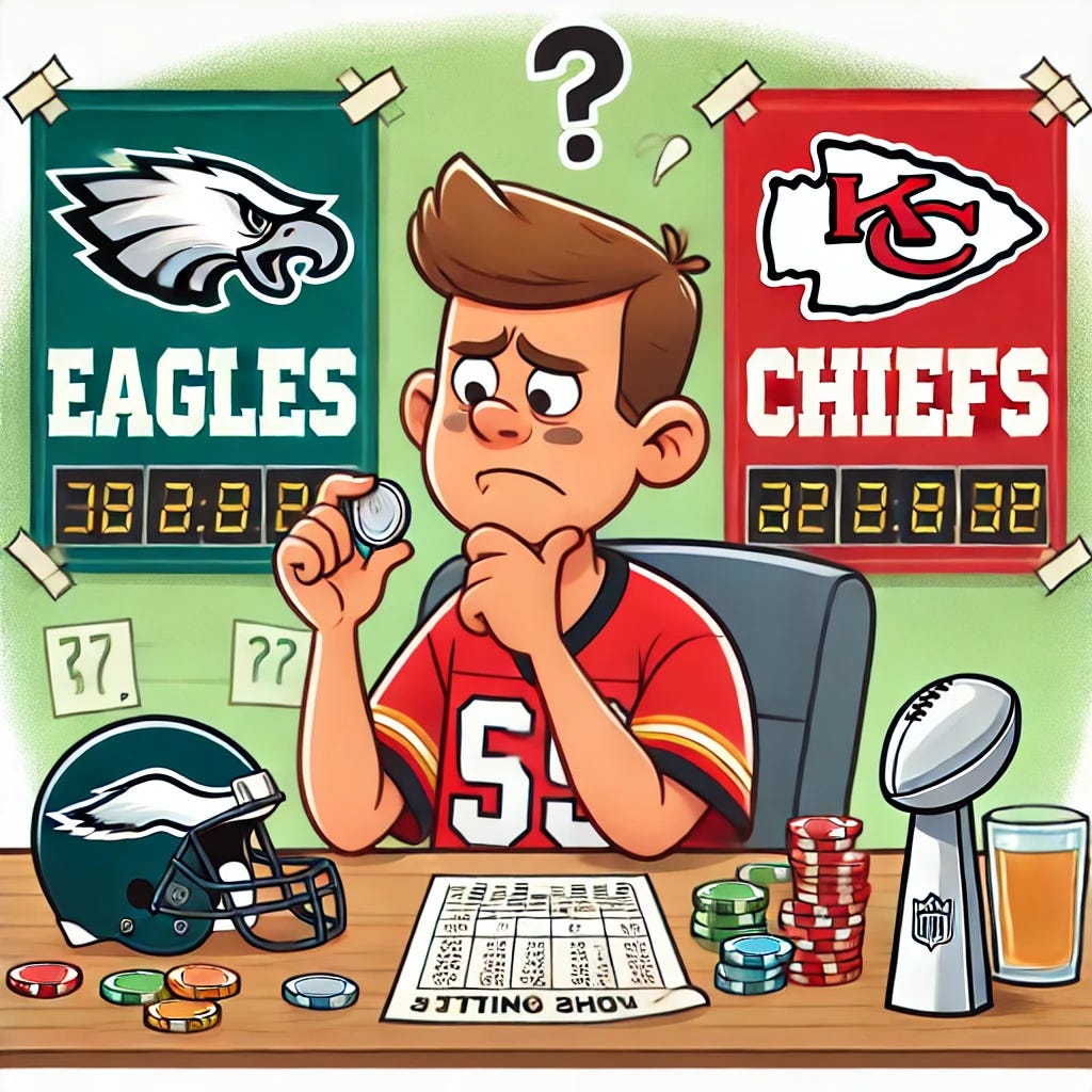 A cartoon illustration of a sports fan sitting at a table, looking stressed while deciding how to bet on the Eagles or the Chiefs for the Super Bowl. The fan has a betting sheet in one hand and a coin in the other, contemplating flipping it. Behind them, there are posters of the Eagles and Chiefs with question marks. The scene is lighthearted and humorous.
