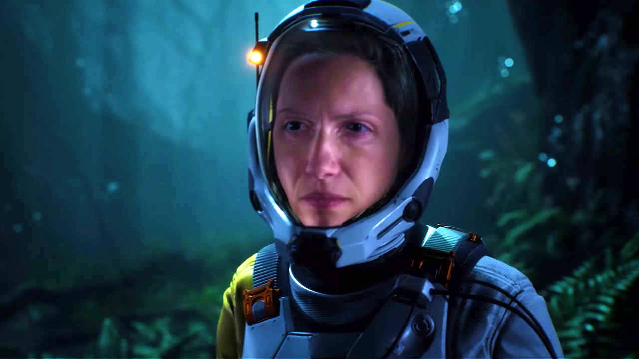 The main character in Returnal wearing a spacesuit The main character in Returnal wearing a spacesuit