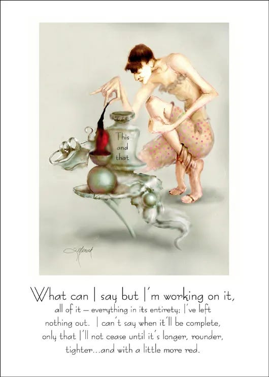 A Pondering Pool greeting card by Susan Mrosek — a simple ink illustration of a woman in profile with a handwritten observation about aging or caregiving.