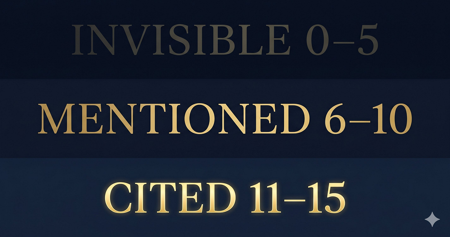 The Visible Practitioner AI Visibility Score brackets diagnostic. Three score ranges from Invisible (0-5) to Mentioned (6-10) to Cited (11-15) representing AI search visibility levels