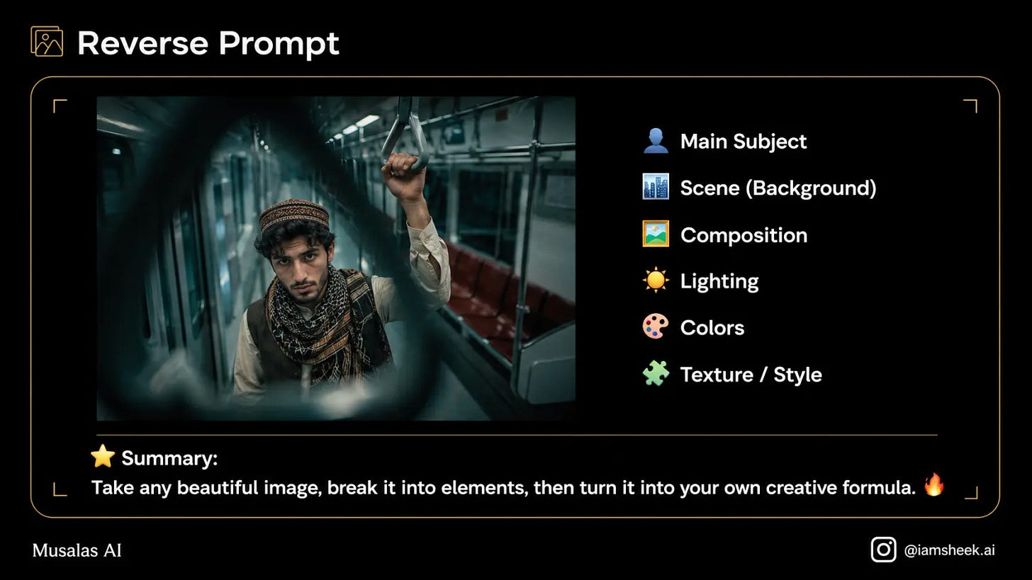 Analyze this image visually without copying it. Extract from it: the subject, scene, composition, camera angle, lighting, colors, textures, style, and overall mood. Then turn this analysis into a new, usable prompt. Musalas AI, GPT image 2.0