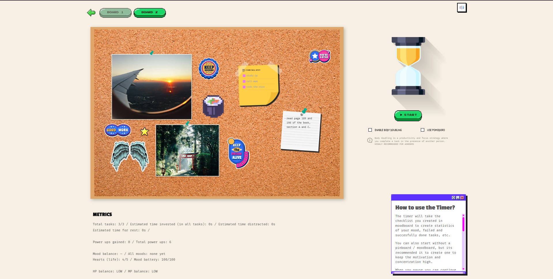 Editor de moodboard de FOCUS TIME con un corcho virtual para agregar fotos, notas, stickers y tareas
