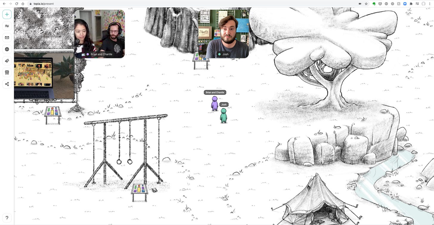 A screenshot of the platform Topia, with the writer and the couple in little video boxes and a background with drawings on it, including drawings that look like outdoor exercise equipment, a tent, and a tree, with little colorful avatars in the center.