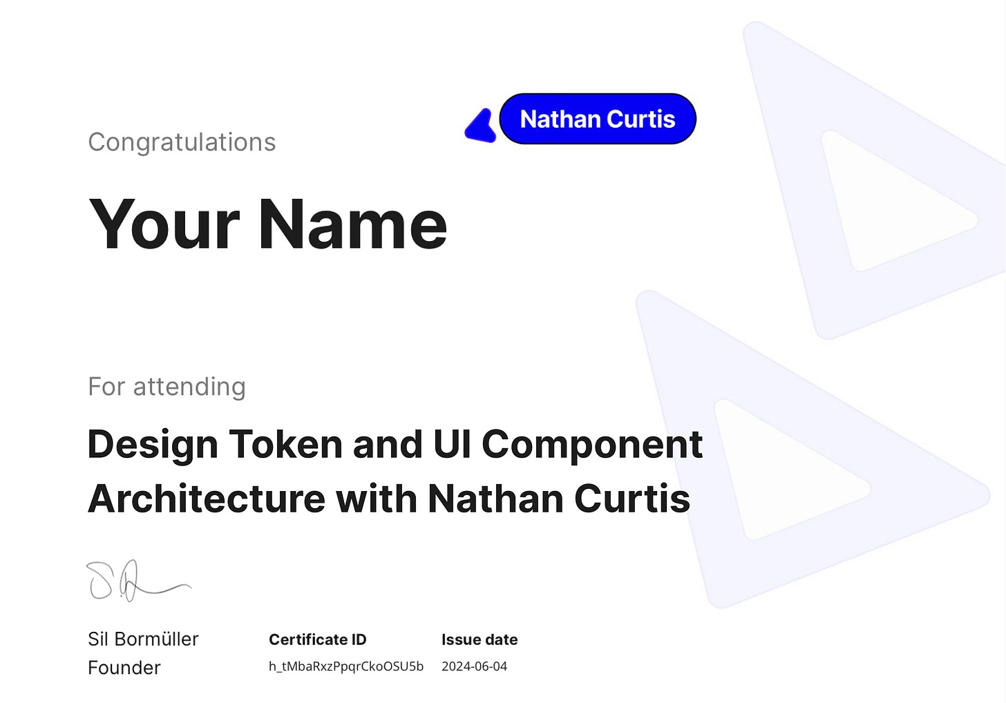 Certificate you will get for attending Nathan Curtis' workshop