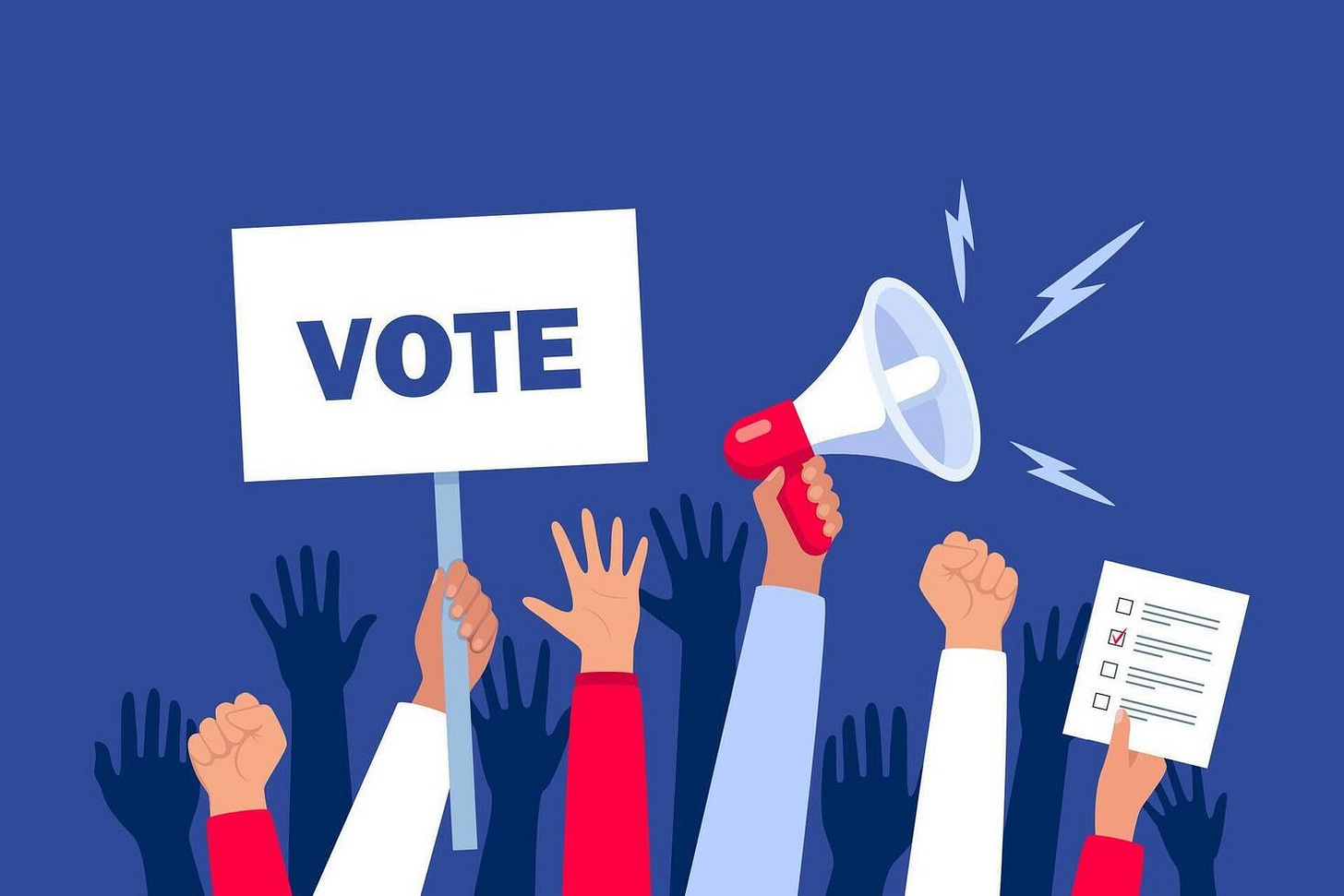 Go vote demonstration. Isolated up hands holding together. Election  campaign. Hands holding vote signs, crowd of people. illustration. 46547129  Vector Art at Vecteezy