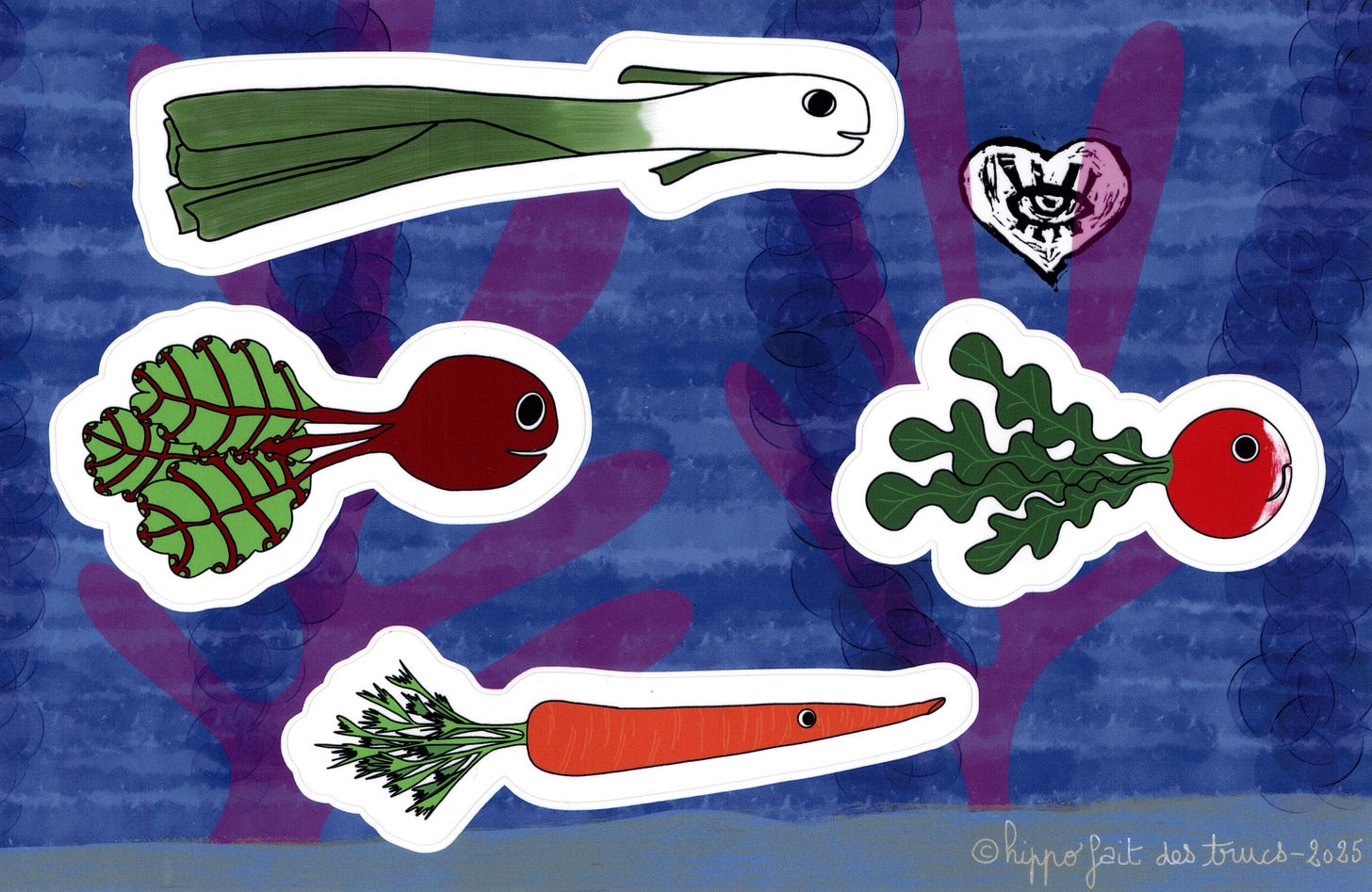 La planche d'autocollants : sur un fond sous-marin, 4 poissons-légumes (poireau, betterave, radis et carotte).