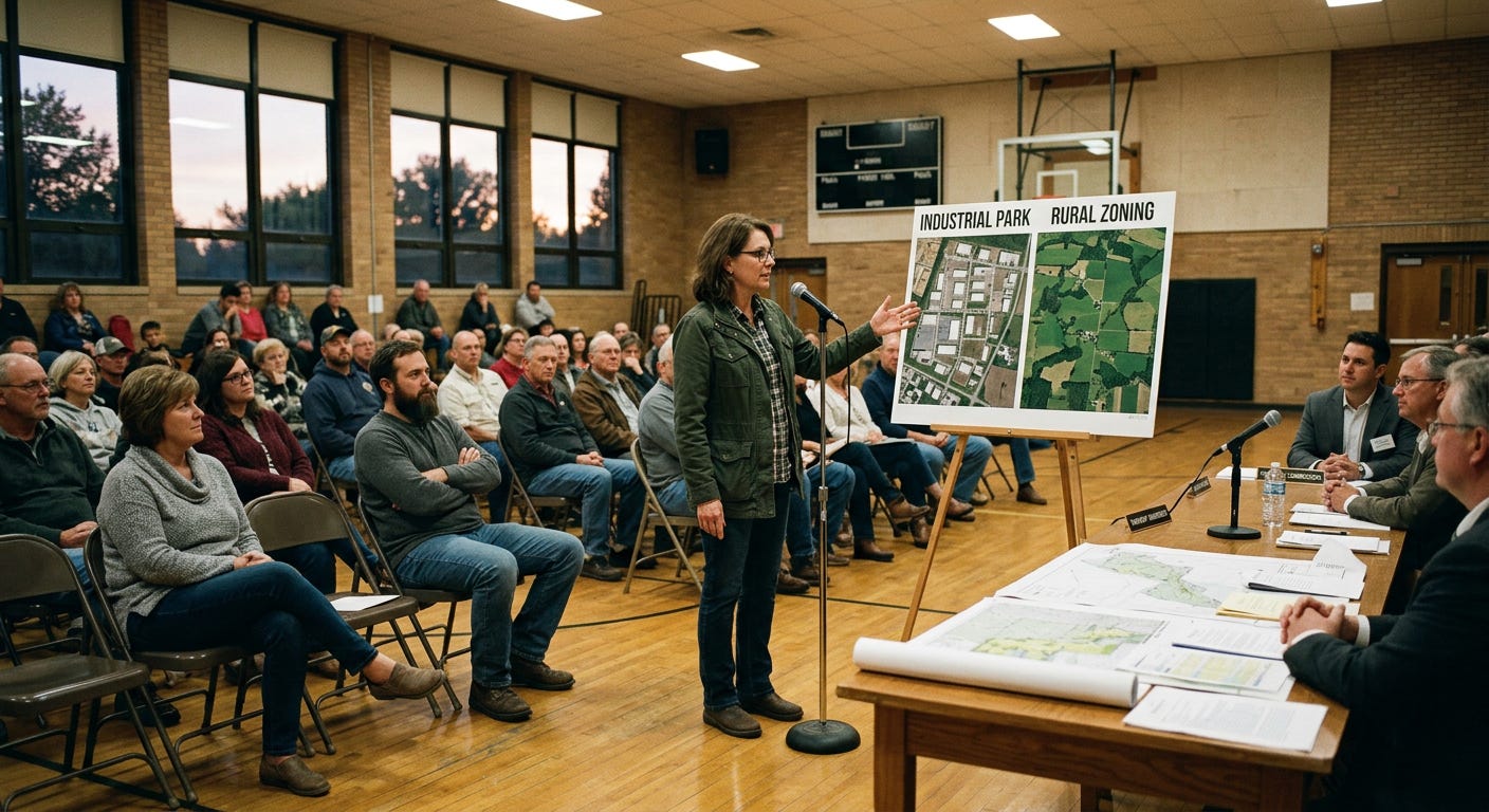 A community planning meeting in a school gymnasium where a local resident at a microphone presents an aerial site map comparing an industrial park to rural land. A community planning meeting in a school gymnasium where a local resident at a microphone presents an aerial site map comparing an industrial park to rural land.