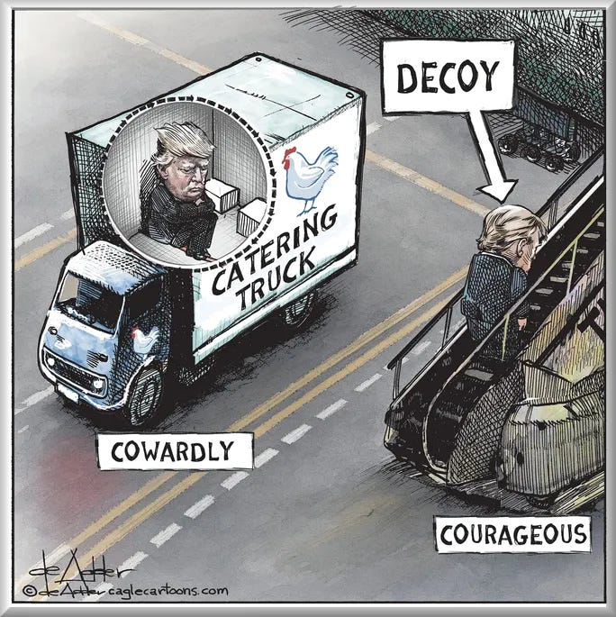 Michael de Adder editorial cartoon, viewed from above on an airport roadway. At left, a small white airport catering truck bears a blue-and-red chicken logo and the words “CATERING TRUCK.” A circular cutaway through its cargo box reveals Donald Trump crouched inside among stacked boxes, scowling. A placard beneath the truck reads “COWARDLY.”
At right, a second depiction of Trump is openly exposed on a mobile aircraft stairway. A large sign reading “DECOY,” with a downward-pointing arrow, identifies this Trump as the diversion. Beneath the stairs, another placard reads “COURAGEOUS.”
The visual irony contrasts the Trump concealed inside the catering truck with the Trump decoy left visibly exposed, puncturing the cultivated image of personal bravado. De Adder’s signature appears at lower left. Michael de Adder editorial cartoon, viewed from above on an airport roadway. At left, a small white airport catering truck bears a blue-and-red chicken logo and the words “CATERING TRUCK.” A circular cutaway through its cargo box reveals Donald Trump crouched inside among stacked boxes, scowling. A placard beneath the truck reads “COWARDLY.”
At right, a second depiction of Trump is openly exposed on a mobile aircraft stairway. A large sign reading “DECOY,” with a downward-pointing arrow, identifies this Trump as the diversion. Beneath the stairs, another placard reads “COURAGEOUS.”
The visual irony contrasts the Trump concealed inside the catering truck with the Trump decoy left visibly exposed, puncturing the cultivated image of personal bravado. De Adder’s signature appears at lower left.
