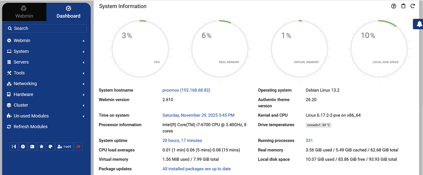 Webmin shows the load on the Proxmox server is light