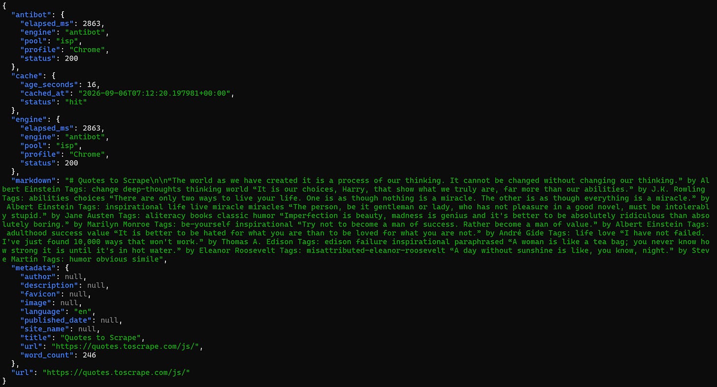 Note the full content of the JS-rendered page in the “markdown” field Note the full content of the JS-rendered page in the “markdown” field