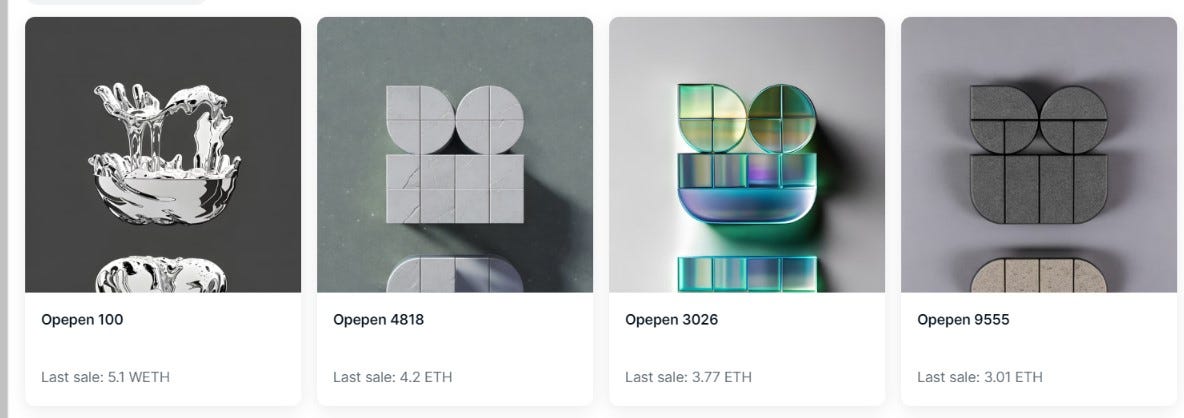Set 2 Opepens feature a range of 3D and 2D designs, and some have sold for over ETH 3. Set 2 Opepens feature a range of 3D and 2D designs, and some have sold for over ETH 3.